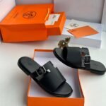 Hermès Black Leather Buckle H-Strap Slides - Classic Luxury Sandals