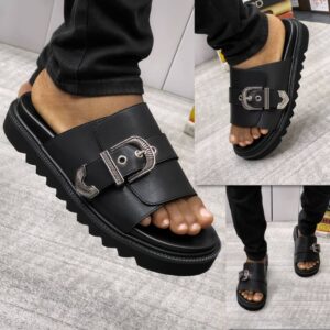 Toga Virilis Black Leather Adjustable Buckle Slides - Avant-Garde Designer Sandals