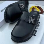 Palm Angels Black Leather Logo-Plaque Studded Mules