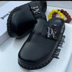 Palm Angels Black Leather Logo-Plaque Studded Mules