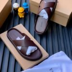 Zara Men's Brown Leather Cross-Strap Slide Slippers
