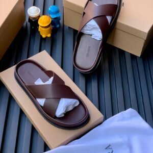 Zara Men's Brown Leather Cross-Strap Slide Slippers
