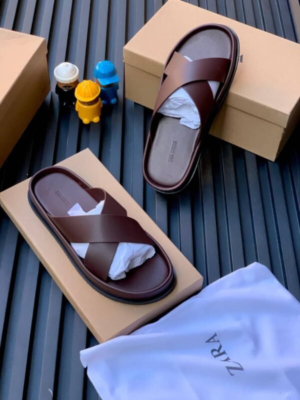 Zara Men's Brown Leather Cross-Strap Slide Slippers Zara Men's Brown Leather Cross-Strap Slide Slippers