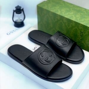 Gucci Black Leather GG Embossed Slide Sandals
