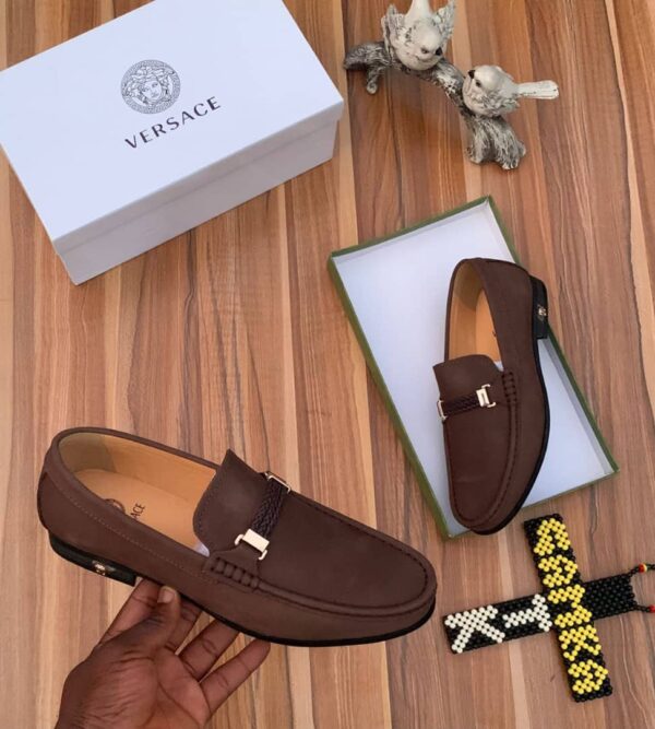 Versace Men's Brown Designer Loafers with Gold Hardware