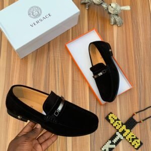 Versace Black Suede Loafers with Silver Buckle