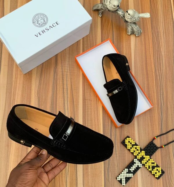 Versace Black Suede Loafers with Silver Buckle Versace Black Suede Loafers with Silver Buckle