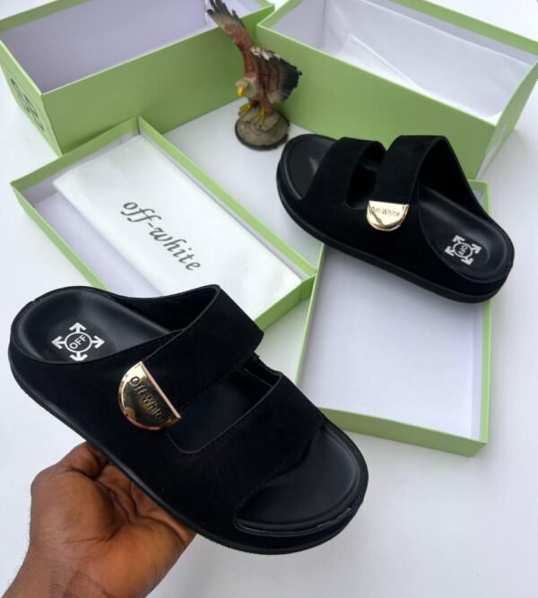 Off-White Black Slide Sandals with Signature Gold Hardware Off-White Black Slide Sandals with Signature Gold Hardware