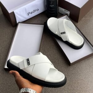 Pedro Crossover Leather Slide Sandals - White with Black Chunky Platform Sole