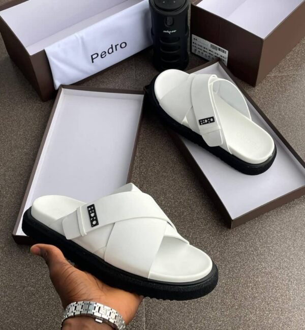 Pedro Crossover Leather Slide Sandals - White with Black Chunky Platform Sole