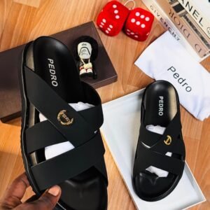 Pedro Black Cross-Strap Sandals with Gold-Tone Hardware