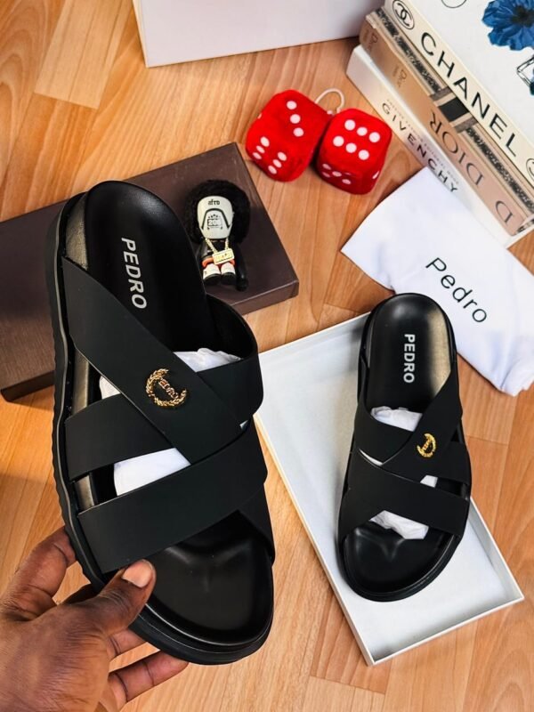 Pedro Black Cross-Strap Sandals with Gold-Tone Hardware Pedro Black Cross-Strap Sandals with Gold-Tone Hardware