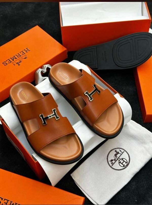 Hermès Men’s Leather Slide Slippers with “H” Logo – Luxury Designer Footwear
