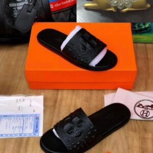 Hermès Men's Black Crocodile-Effect Leather Palm Slippers