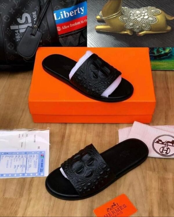 Hermès Men's Black Crocodile-Effect Leather Palm Slippers