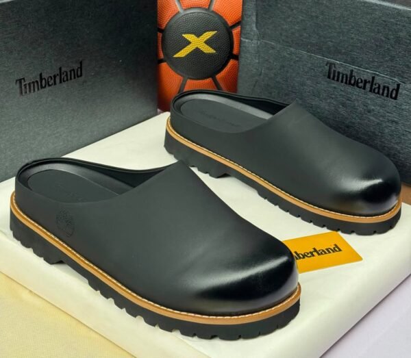 root Timberland Black Clog Shoes with Brown Sole and Timberland Branding on Box and Packaging | jsfootis
