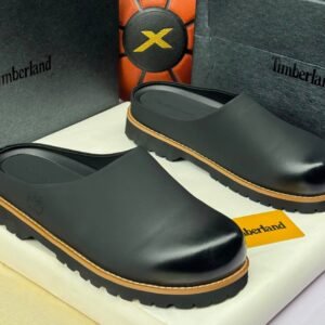 Timberland Black Clog Shoes with Brown Sole and Timberland Branding on Box and Packaging | jsfootis
